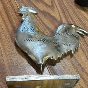 Silver Rooster decor with silver base stand. Bless this home and all who enter: